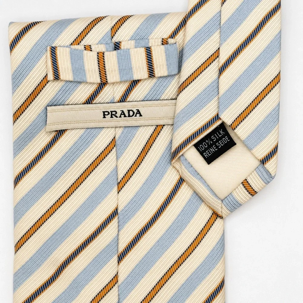 Vtg Prada Silk Repp Tie Blue Cream Striped Made in Italy Designer 3.75